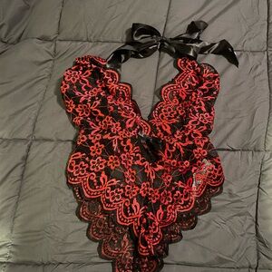 Red and Black Lace Halter Bodysuit